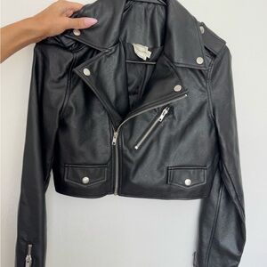 Black Cropped Leather Women's Biker Jacket